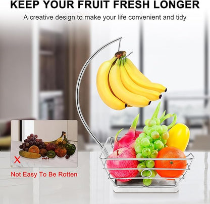 Livabber Countertop Fruit Basket Bowl with Banana Hanger, Modern Standing Fruit Vegetable Bowl Storage, with Banana Tree Holder for Kitchen Dinning Table (Square Marble, Chrome)