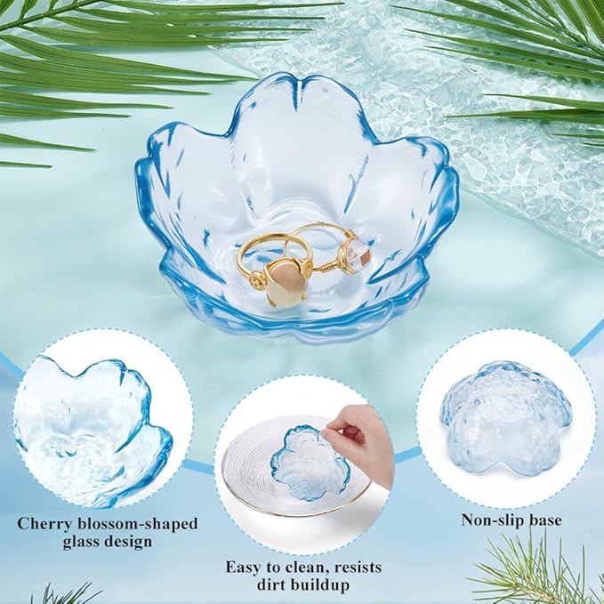 PLIGREAT 4 Pcs Blue Flower Jewelry Dish, Trinket Tray Glass Ring Dish Small Flower Jewelry Tray for Key Earrings Rings Holder Vanity Bathroom Room Decor Gifts for Women
