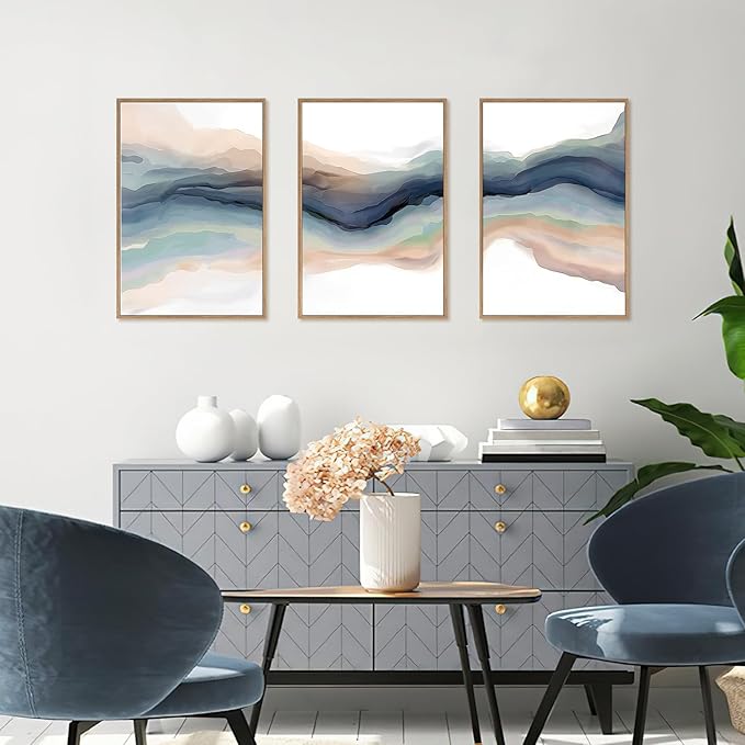 HLNIUC Blue Abstract Wall Art, Watercolor Line 24"x36" Framed Art Set of 3, Modern Wave Canvas Wall Decor, Natural Landscape Paint Stroke Prints for Living Room, Bedroom, Office
