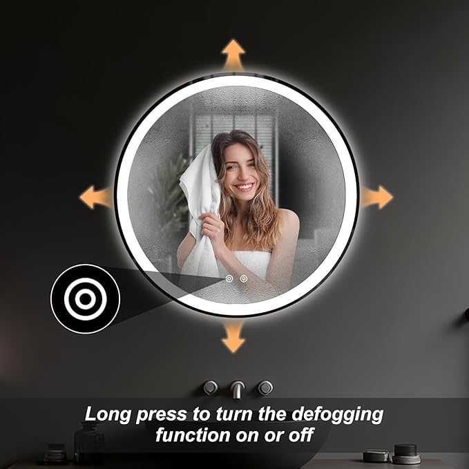 Sweetcrispy 30 Inch Round LED Bathroom Mirror with Lights, Circle Vanity Mirror with Anti-Fog, Dimmable, 3-Color Light, Memory Function, Tempered Glass