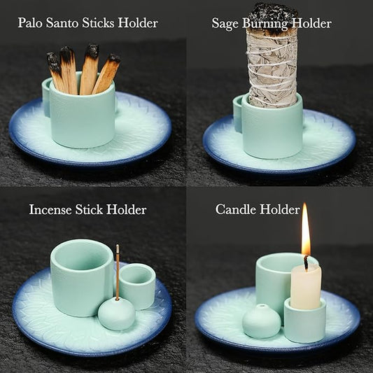 4 in 1 Multifunctional Ceramic Incense and Candle Holder with Ash Catcher Tray Suit for Burning White Sage, Palo Santo Sticks (Sky Blue)