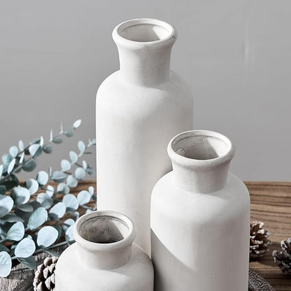 LUKA Ceramic Vase Set of 3,Decorative Terracotta Vases for Home Decor,Rustic Pottery Vase for Your Bedroom,Office,Living Room,Fireplace,Bookshelf （10+7.5+5 Inch） (Antique-White)