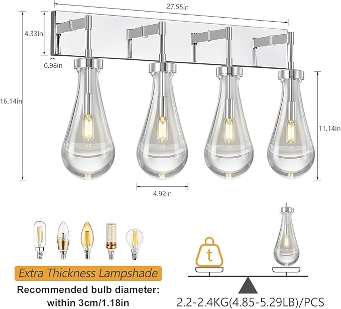 Raindrop Wall Sconces Chrome Crystal Sconces Wall Decor Modern Lighting Glass Bathroom Sconces Indoor Vanity Light Wall Lamp for Bedroom Living Room Stair(4-Light)