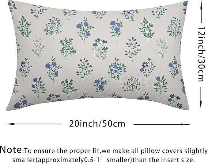 Blue Green Block Print Pillow Covers 12x20 Set of 2 Decorations Vintage Floral Throw Pillow Covers Decor Rustic Pillowcases Flower Pattern Farmhouse Cozy Soft for Sofa Bed Chair Home Decorative