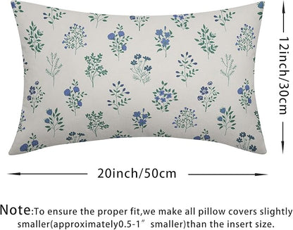 Blue Green Block Print Pillow Covers 12x20 Set of 2 Decorations Vintage Floral Throw Pillow Covers Decor Rustic Pillowcases Flower Pattern Farmhouse Cozy Soft for Sofa Bed Chair Home Decorative