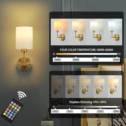 Battery Operated Wall Sconce Set of Two,Wireless Rechargeable Wall Light With Remote Control, Dimmable, 1800K/3000K/4000K/6000K/RGB, Timer, for Living Room, Bedroom, Fireplace, TV, 13.5 Inch, Gold
