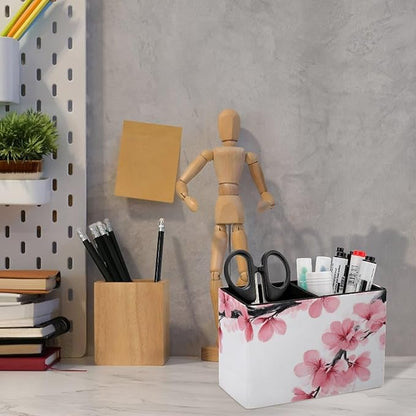 Fashion Desk Pen Holder PU Leather Desk Organize Decor, Makeup Brush Storage Branch Of A Flourishing Tree Cherry Flowers Blossoms Spring Theme Art