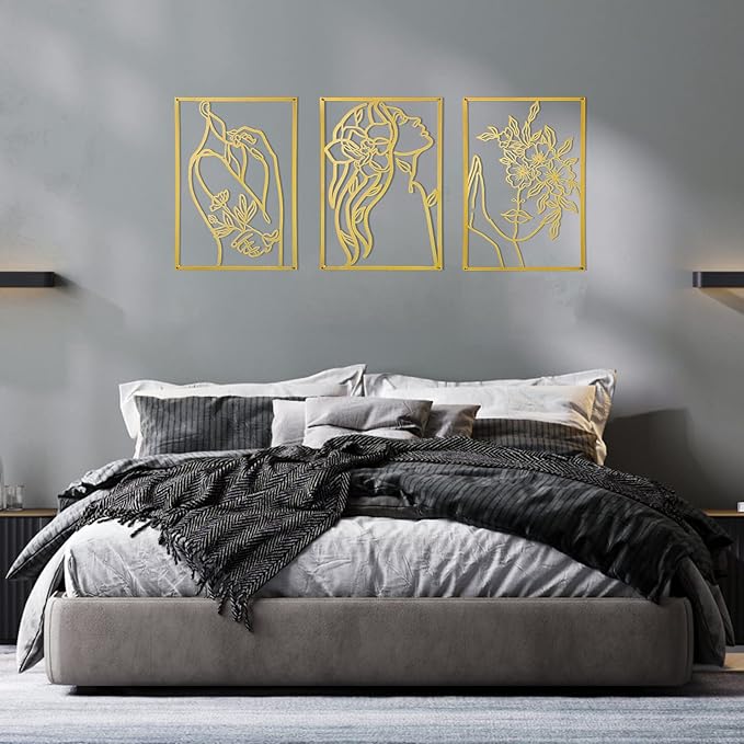 3 Pcs Gold Wall Decor Above Bed Minimalist for Living Room Metal Line Art - Female Body, Gold Room Decor for Bedroom Modern Wall Art for Indoor 15inch