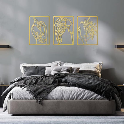 3 Pcs Gold Wall Decor Above Bed Minimalist for Living Room Metal Line Art - Female Body, Gold Room Decor for Bedroom Modern Wall Art for Indoor 15inch