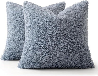 MIULEE Pack of 2 Dusty Blue Faux Fur Throw Pillow Covers 18x18 Inch Boucle Decorative Sherpa Pillow Covers Fuzzy Accent Soft Sheepskin Fleece for Boho Home Decor Sofa Living Room Couch Bed