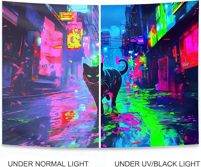seewan Black Light Reactive Cat Tapestry, Neon Futuristic Urban Street Art, UV-Reactive Cat Tapestry, Sci-Fi Black Cat Wall Decor, Bedroom Dorm Living Room Background Decor
