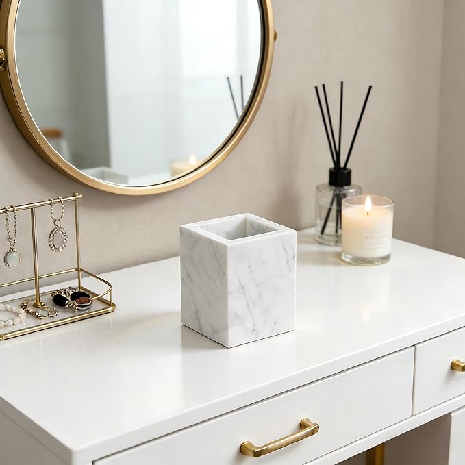 Marble Pen Holder, White Stone, Rectangular Desktop Organizer for Office Study (white)