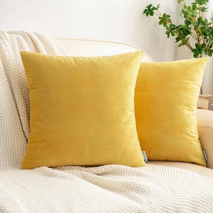 HWY 50 Yellow Velvet Throw Pillow Covers 16x16 Inch, Pack of 2 Soft Cozy Solid Decorative Luxury Cushion Cases for Couch Sofa Bed Living Room Bedroom