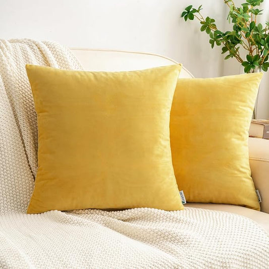 HWY 50 Yellow Velvet Throw Pillow Covers 16x16 Inch, Pack of 2 Soft Cozy Solid Decorative Luxury Cushion Cases for Couch Sofa Bed Living Room Bedroom