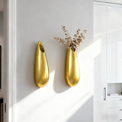 Sculptural Wall Ceramic Vase — 2 Pack Gold Hanging Sconce Vase | Turn Flowers into Art — Decorative Ceramic Wall Sconce for Single Stem Displays