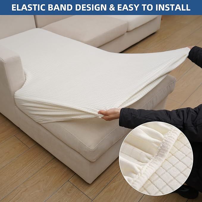 Eismodra Sectional Couch Covers Chaise Cushion Cover for Sofa L Shape Chaise Lounge Magic Stretch 3 Cushion Couch Slipcover for Dogs L Shaped Replacement Protector,Cream White X-Large(Only 1 Piece)