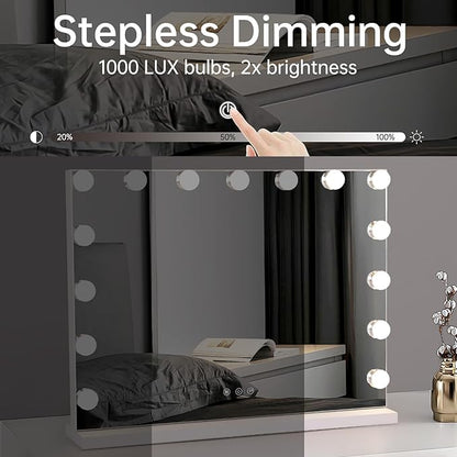 Hollywood Vanity Mirror with Lights, 23"x18" Lighted Makeup Mirror with 10x Magnification for Desk/Wall Mount, 15 Led Bulbs, 3 Lighting Modes for College Dorm, Bedroom, Dressing Room (White)