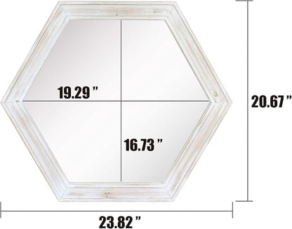 Stonebriar Decorative 24" Hexagon Wall Mirror with Worn White Wood Frame and Attached Hanging Bracket, Decorative Country Rustic Decor for the Living Room, Bedroom, Bathroom, Hallway, and Entryway