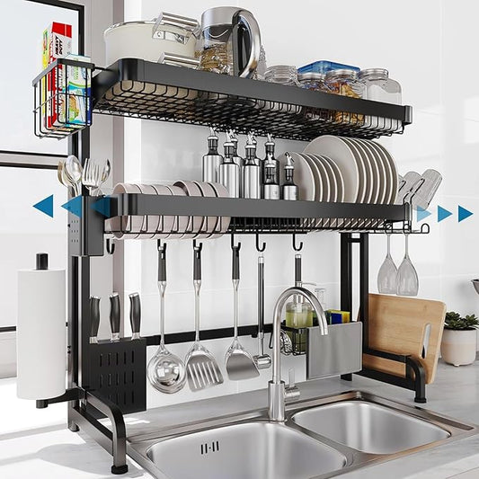 Over The Sink Dish Drying Rack,3 Tier Adjustable Length Full Stainless Steel Large Storage Kitchen Dish Rack,for Kitchen Counter Expandable Multifunctional Organizers,Silver(25.5'' to 37.4'')
