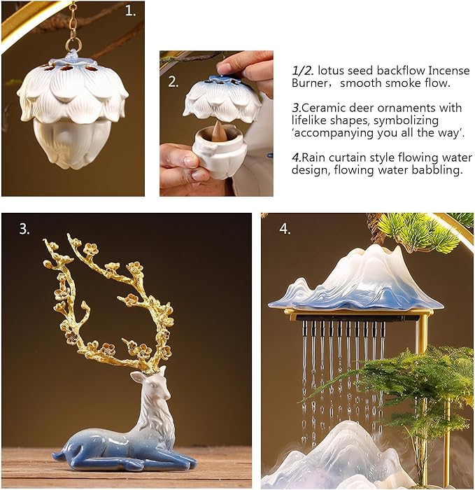 Desk Waterfall Fountain Indoor Ceramic Deer Sculpture,Tabletop Mini Water Fountain with Mist，Adjustable LED Light Ring and Backflow Incense Burner Holder(PQLU001)