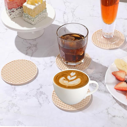 Silicone Coaster Set of 12 with Holder, Drinks Coasters, Beer & Coffee, Suitable for All Cups, Hot or Cold, Anti-Slip, Non-Stick, Anti-Overflow Tabletop Protection and Decor (12 Pcs, Tapioca)