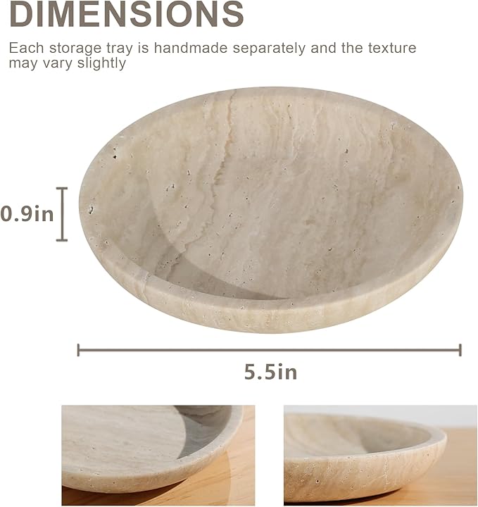 Travertine Jewelry Dish Tray - Decorative Stone Catchall Bowl for Entryway Table, Keys & Rings Holder, Natural Marble Home Decor Organizer (5.5 Inch)