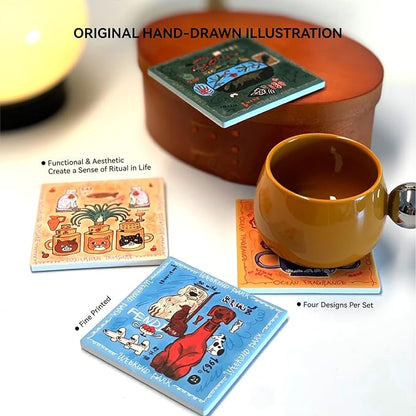 SAMCAM Colorful Art Coasters Set of 4 - Absorbent Ceramic Coasters with Protective Cork Back for Drinks, Cute Table Decor & Gift for Housewarming, 4 Inch