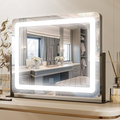PRIMETEK Vanity Mirror with Lights, 22"x19" Large Makeup Mirror with Lights, LED Lighted Hollywood Makeup Mirror, Touch Sensor with 3-Color Lighting, Dimmable for Vanity Desk Tabletop, Bedroom, Black