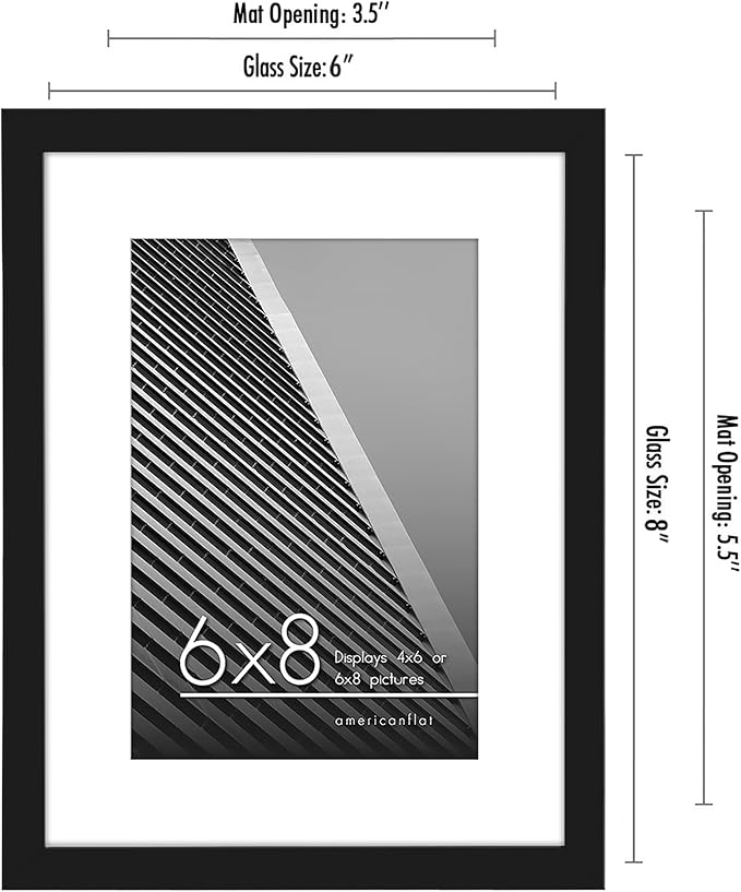 Americanflat 6x8 Picture Frame with Shatter-Resistant Glass - Use as 4x6 Frame with Mat or Display 6x8 Photo Without Mat - Streamline Collection - Picture Frames for Tabletop and Wall - Black
