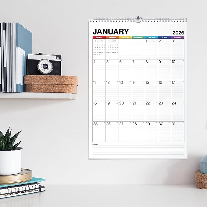 Dunwell Large Wall Calendar 2026, 12x17 (Colorful), Big Grid 12 x 17 Hanging Monthly Calendar with Large Daily Blocks, Premium Paper, Use Jan to Dec 2026