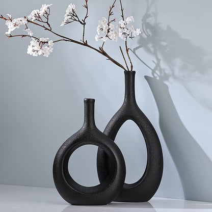 Black Ceramic Hollow Elliptical Vase Set of 2 - Boho Circle Vase with Hole, for Modern Black Table Decor, Living Room Decor Shelf mid Century Modern Home Entrance Decorative vase