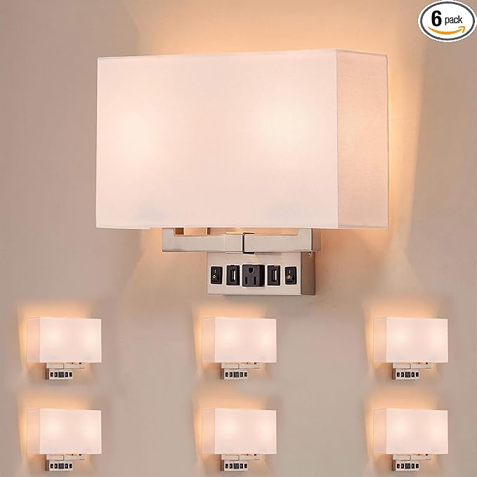 LEDMyplace 2-Light Led Indoor Wall Sconce, Sconces for Living Room with USB Ports and Outlet, E26 Base, 120V, Brushed Nickel Finish, Iron Body, White Fabric Shade, Wall Lighting, Pack of 6