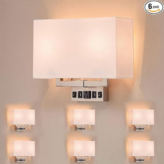 LEDMyplace 2-Light Led Indoor Wall Sconce, Sconces for Living Room with USB Ports and Outlet, E26 Base, 120V, Brushed Nickel Finish, Iron Body, White Fabric Shade, Wall Lighting, Pack of 6