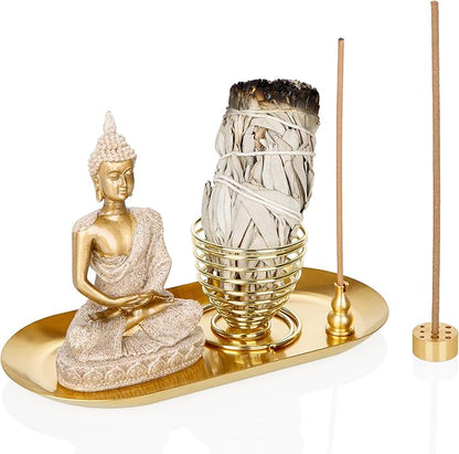 ZenBless 6 in 1 Incense Holder - Palo Santo, Buddha Statue, Sage & Incense Burner Holder for Sticks/Coil/Cones, Gold Oval Ash Catcher