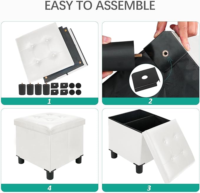 18 Inches Cube Storage Ottoman, Faux Leather Collapsible Square Folding Ottoman Furniture with Storage for Living Room Bedroom, Foot Rest Foot Stool with Legs, White 18x18x18 Inches