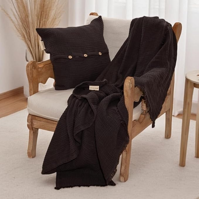Muslin Blanket - Pure 100% Turkish Cotton Airy Soft Light Versatile Gauze Throw Blanket for Bed, Couch, Sofa (Black, Throw Size (50" x 66" inch))