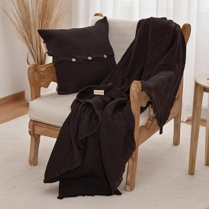 Muslin Blanket - Pure 100% Turkish Cotton Airy Soft Light Versatile Gauze Throw Blanket for Bed, Couch, Sofa (Black, Throw Size (50" x 66" inch))