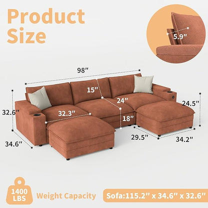 115" U Shaped Cloud Sofa Couch with Ottoman, Storage Armrest, Cup Holders, USB & Type-C Ports, Spring Cushions, Solid Wood Frame, Chenille Modular Sectional for Living Room (Coffee-U-115.2")