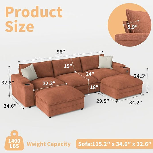 115" U Shaped Cloud Sofa Couch with Ottoman, Storage Armrest, Cup Holders, USB & Type-C Ports, Spring Cushions, Solid Wood Frame, Chenille Modular Sectional for Living Room (Coffee-U-115.2")