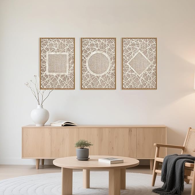 Large Boho Neutral Geometric Framed Canvas Wall Art,Modern Circle Square and Rhombus Wall Decor,Minimalist Shapes Artwork,Abstract Mid Century Art Print For Living Room,Bedroom,Office-16"x24"x3