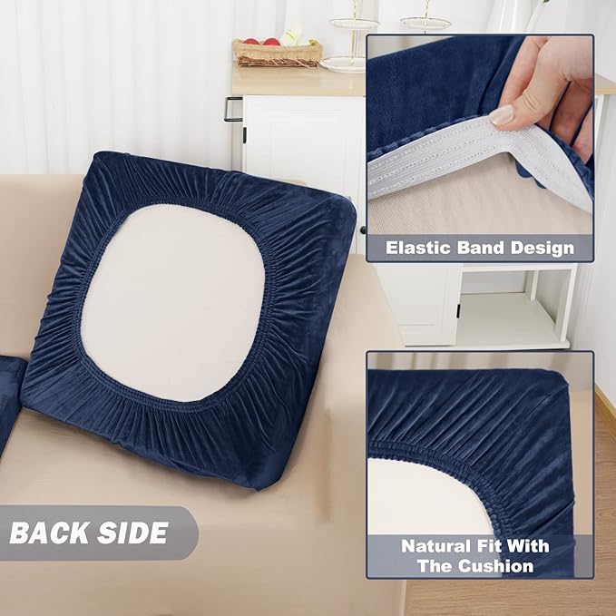 NAISI Sectional Couch Covers 6 Pieces Velvet Couch Cushion Covers L Shape Soft Stretch Sofa Slipcovers with 2pcs Pillowcases for Left/Right Chaise Sectional Couch(2 Seater+1 Chaise+3 Back,Navy)