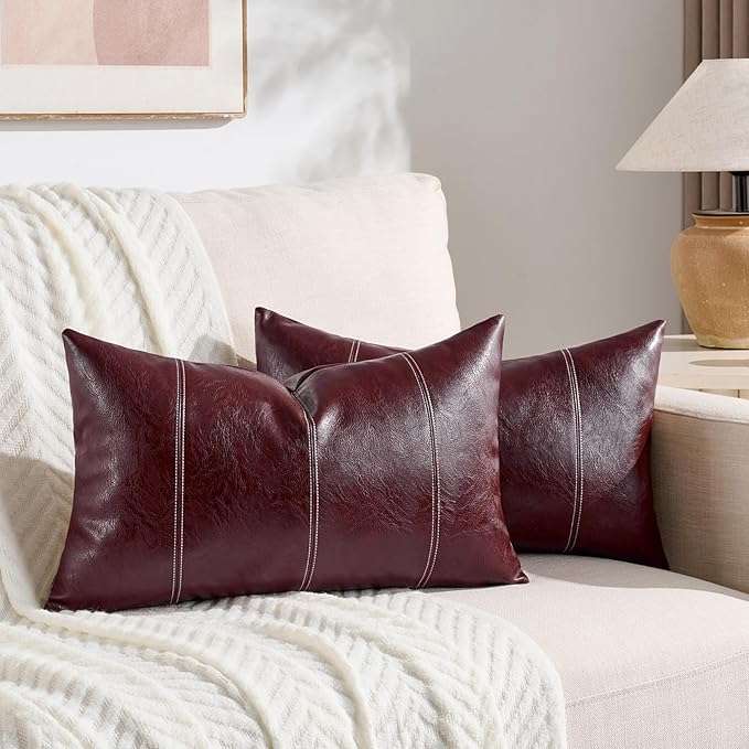 Fancy Homi 2 Packs Burgundy Long Lumbar Faux Leather Decorative Throw Pillow Covers 14x24 Inch for Outdoor Couch Bed, Modern Farmhouse Boho Home Decor, Wine Red Hand Stitched Cushion Case 35x60 cm
