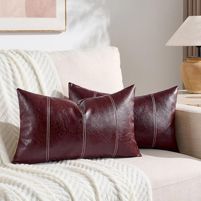 Fancy Homi 2 Packs Burgundy Long Lumbar Faux Leather Decorative Throw Pillow Covers 12x24 Inch for Outdoor Couch Bed, Modern Farmhouse Boho Home Decor, Wine Red Hand Stitched Cushion Case 30x60 cm
