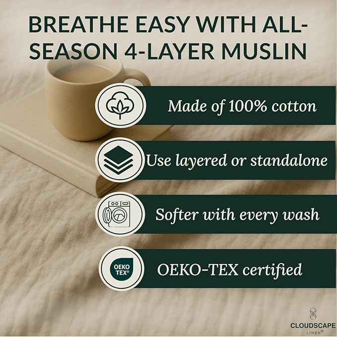 Luxury 100% Cotton Muslin Throw Blanket, 4 Layer Extra Large 50x70in, Perfect for Couch, Sofa, Home Decor, Soft Cotton Gauze Travel Blanket, Winter Cozy Throw, All Season Fog