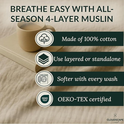 Luxury 100% Cotton Muslin Throw Blanket, 4 Layer Extra Large 50x70in, Perfect for Couch, Sofa, Home Decor, Soft Cotton Gauze Travel Blanket, Winter Cozy Throw, All Season Fog