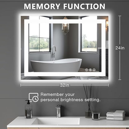 Sweetcrispy 24.1"x32.1" Smart Anti-Fog LED Bathroom Mirror with Front Light & Backlit, 3 Color Temperatures, Dimmable, Memory Function, Rectangle Modern Vanity Mirror