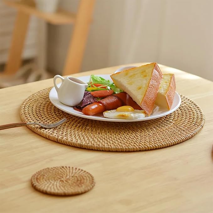 Natural Rattan Woven Placemats; Oval Tableware Mats Anti Slip Multifunctional Placemat (35x35cm Handwoven Trivet).