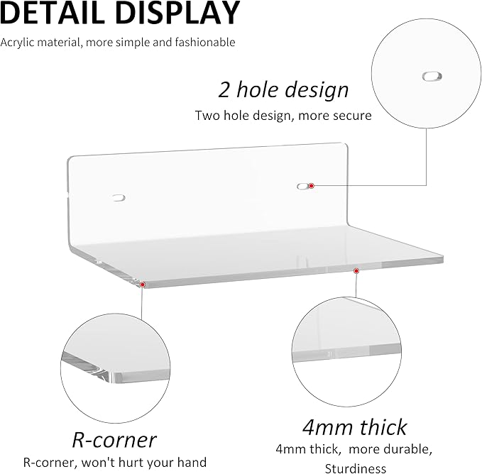Sezanrpt 9 Inches Acrylic Wall Shelves 2 Pack, Floating Shelf for Wall Mounting, Acrylic Display Ledges for Funko Pop Figures, Home Décor, Living Room, Gaming Room, Plants(9 inch, Clear)