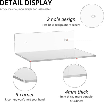Sezanrpt 9 Inches Acrylic Wall Shelves 2 Pack, Floating Shelf for Wall Mounting, Acrylic Display Ledges for Funko Pop Figures, Home Décor, Living Room, Gaming Room, Plants(9 inch, Clear)
