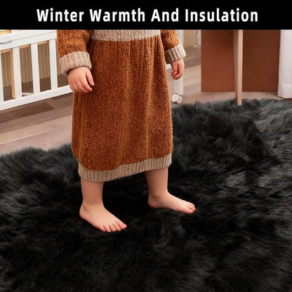 Black Samll Faux Fur Sheepskin Area Rug for Living Room Bedroom, 2 x 3 Feet Ultra Soft Shaggy Fuzzy Furry Carpet Chair Throw Rugs for Kids, Girls, Nursery Room Decor Dorms